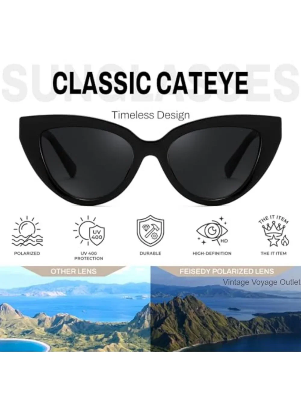 Polarized Cat Eye Sunglasses UV400 Protection Retro Vintage Metal Accents